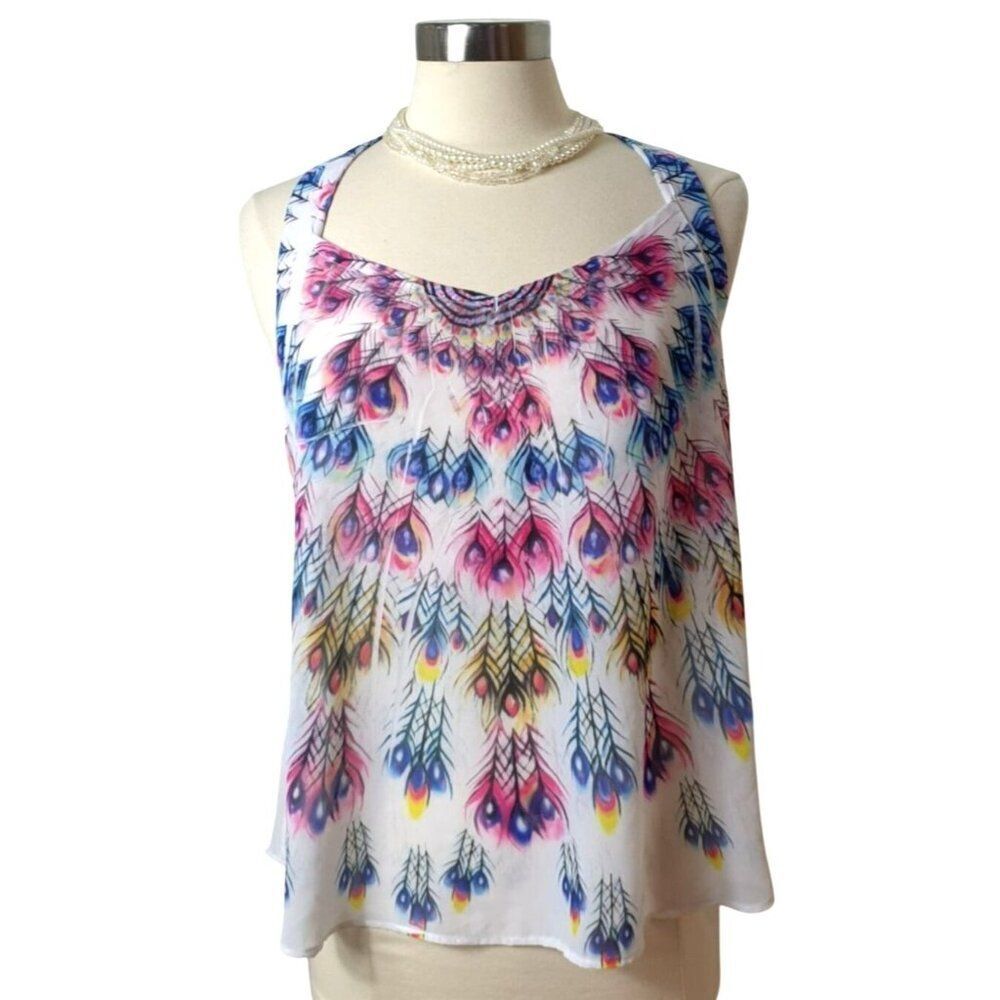Penelope Womens Sleeveless Blouse XL Peacock Print Featival Strappy Boho